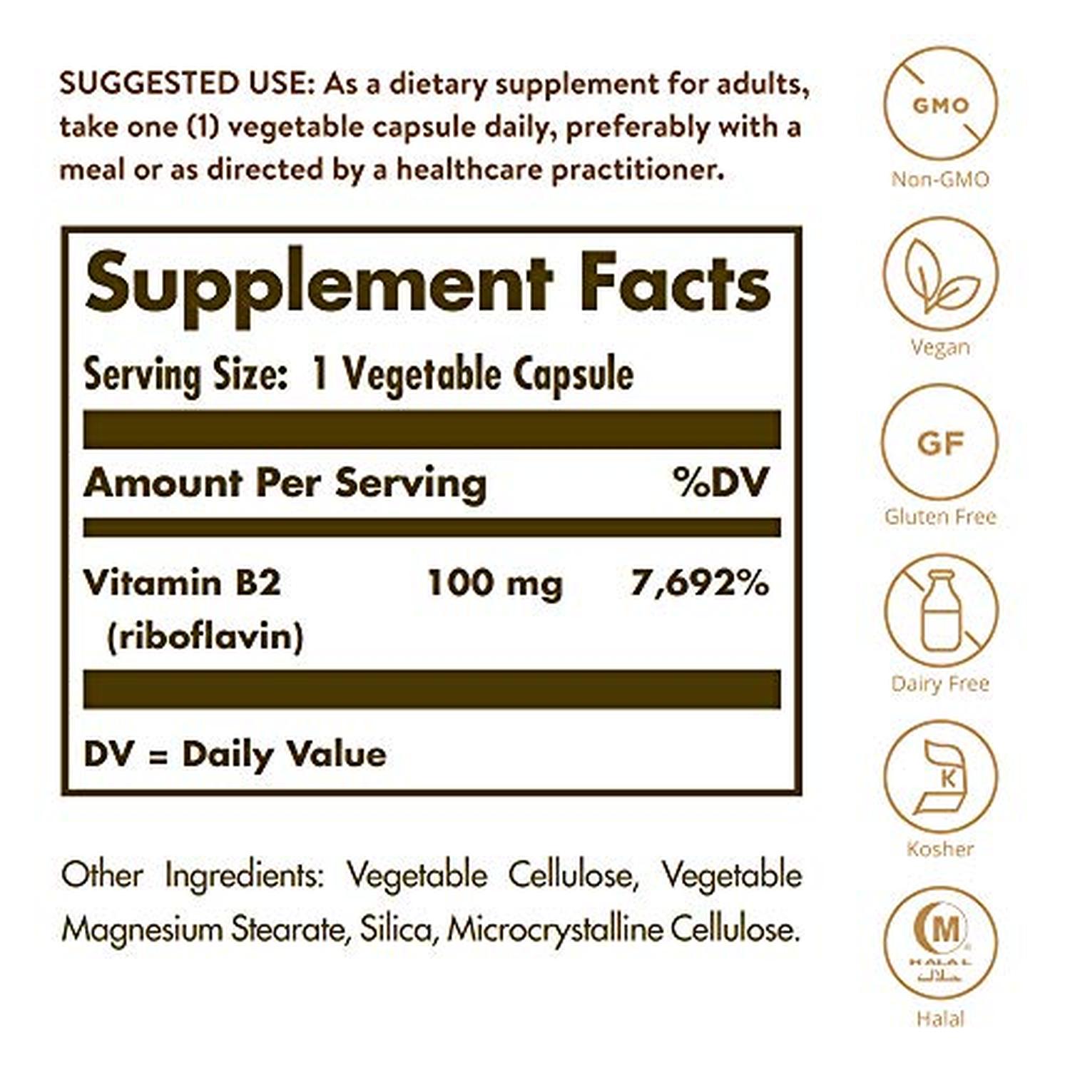 Vitamina B2 Riboflavin 100mg, 100 Capsulas – Solgar-Wellu