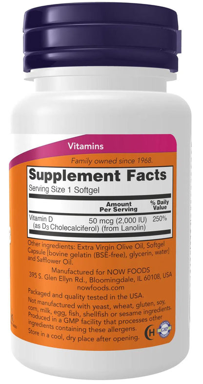 Vitamina D-3 de 2000 UI, 120 Softgels – NOW Foods-Wellu