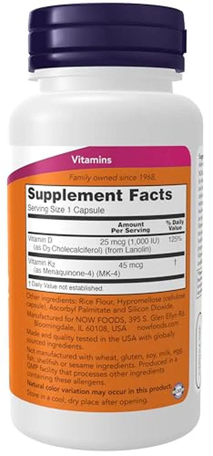 Vitamina D-3 y K-2, 120 Capsules – NOW Foods-Wellu