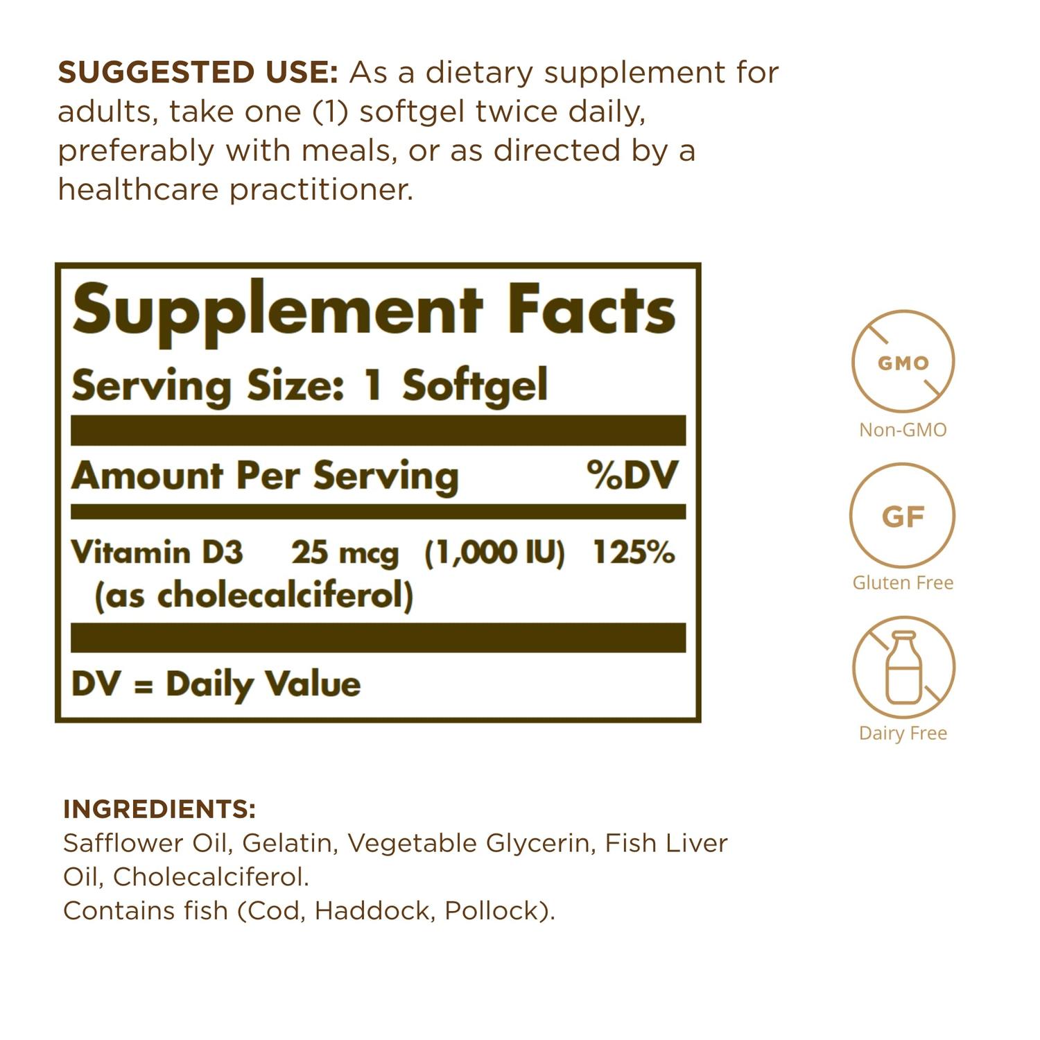 Vitamina D3 (1000 IU), 100 Softgels – Solgar-Wellu