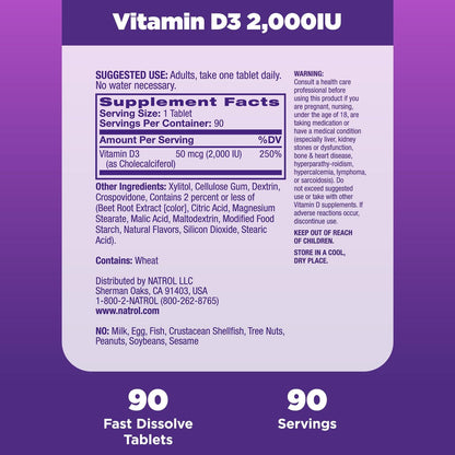 Vitamina D3 (2,000 IU), 90 Tabetas – Natrol-Wellu