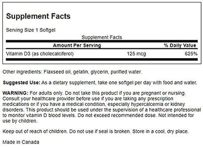 Vitamina D3 5000 IU (125mcg), 250 Sgel – Swanson-Wellu