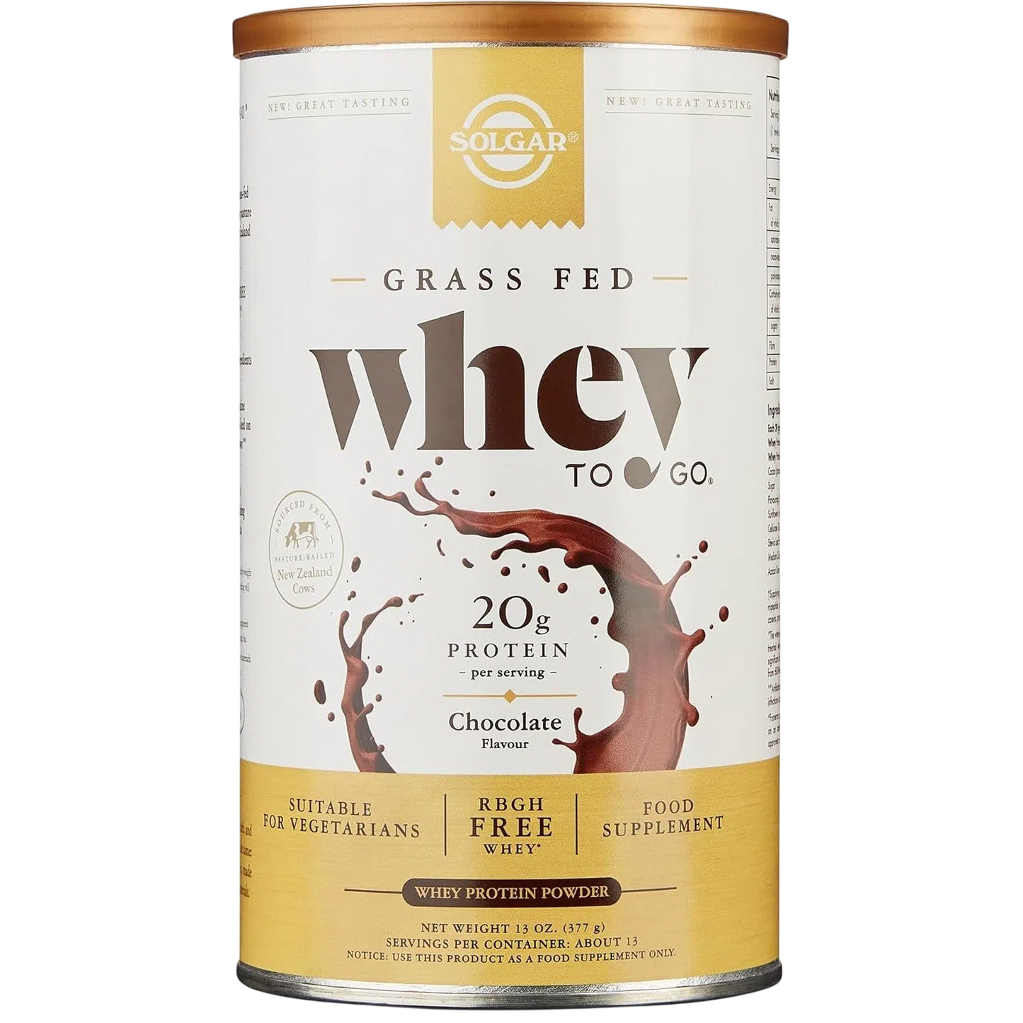 Grass Fed "Whey To Go" Proteína Chocolate 377g – Solgar-Wellu