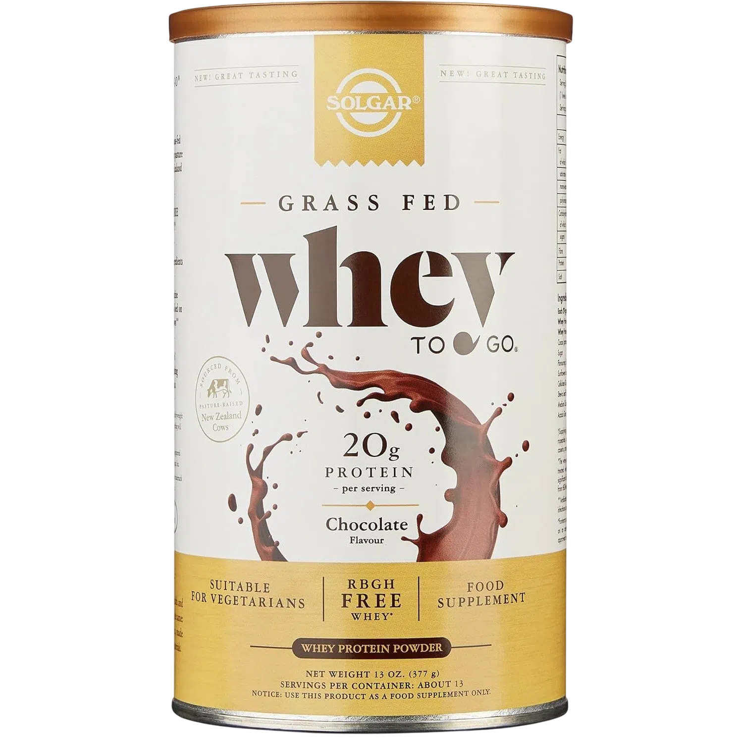 Grass Fed "Whey To Go" Proteína Chocolate 377g – Solgar-Wellu